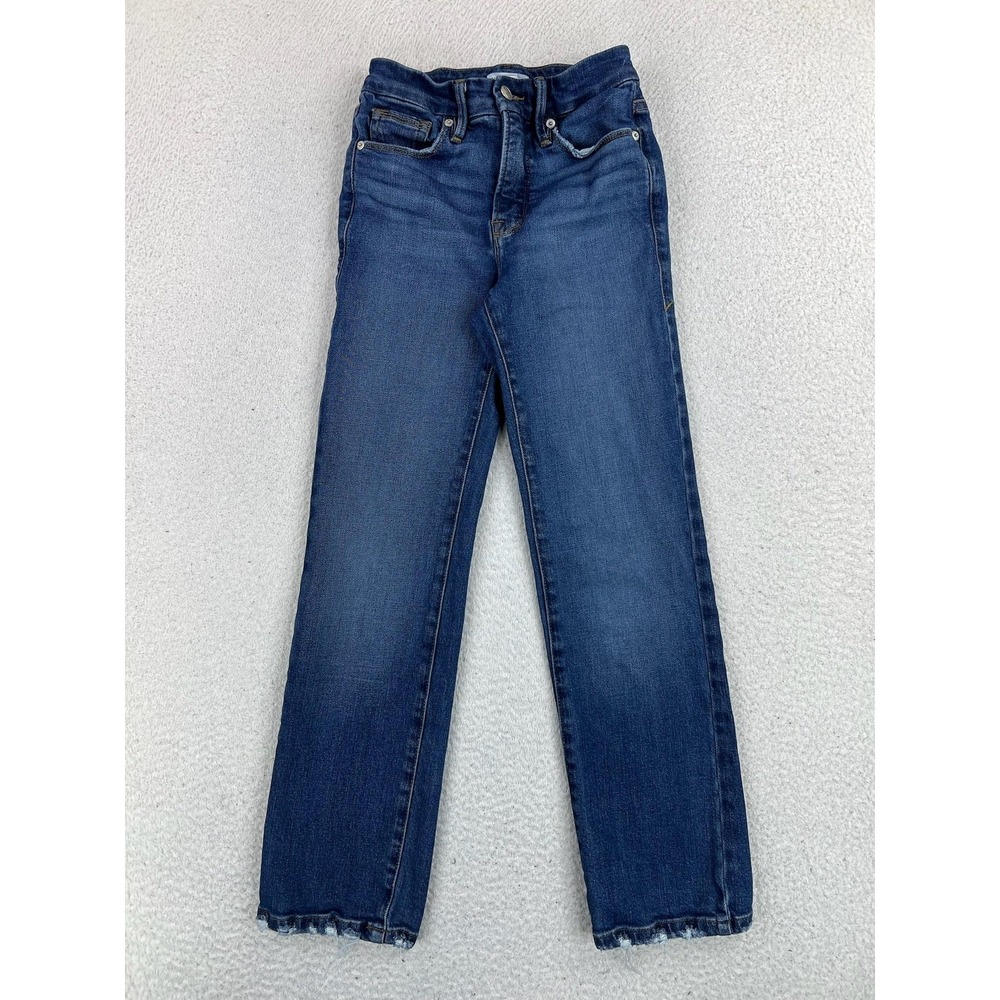 Good American Straight Jeans Womens 00/24 Blue Med Wash Mid Rise Raw Hem Stretch